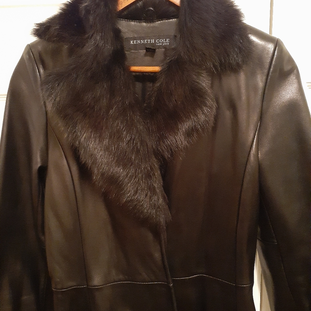 Kenneth Cole Leather coat with fur trim